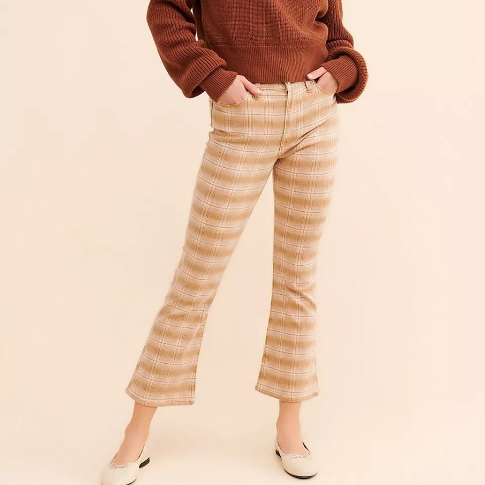Anthropologie Hudson Barbara Bootcut Crop Jean Sz 28 neutral khaki plaid EUC